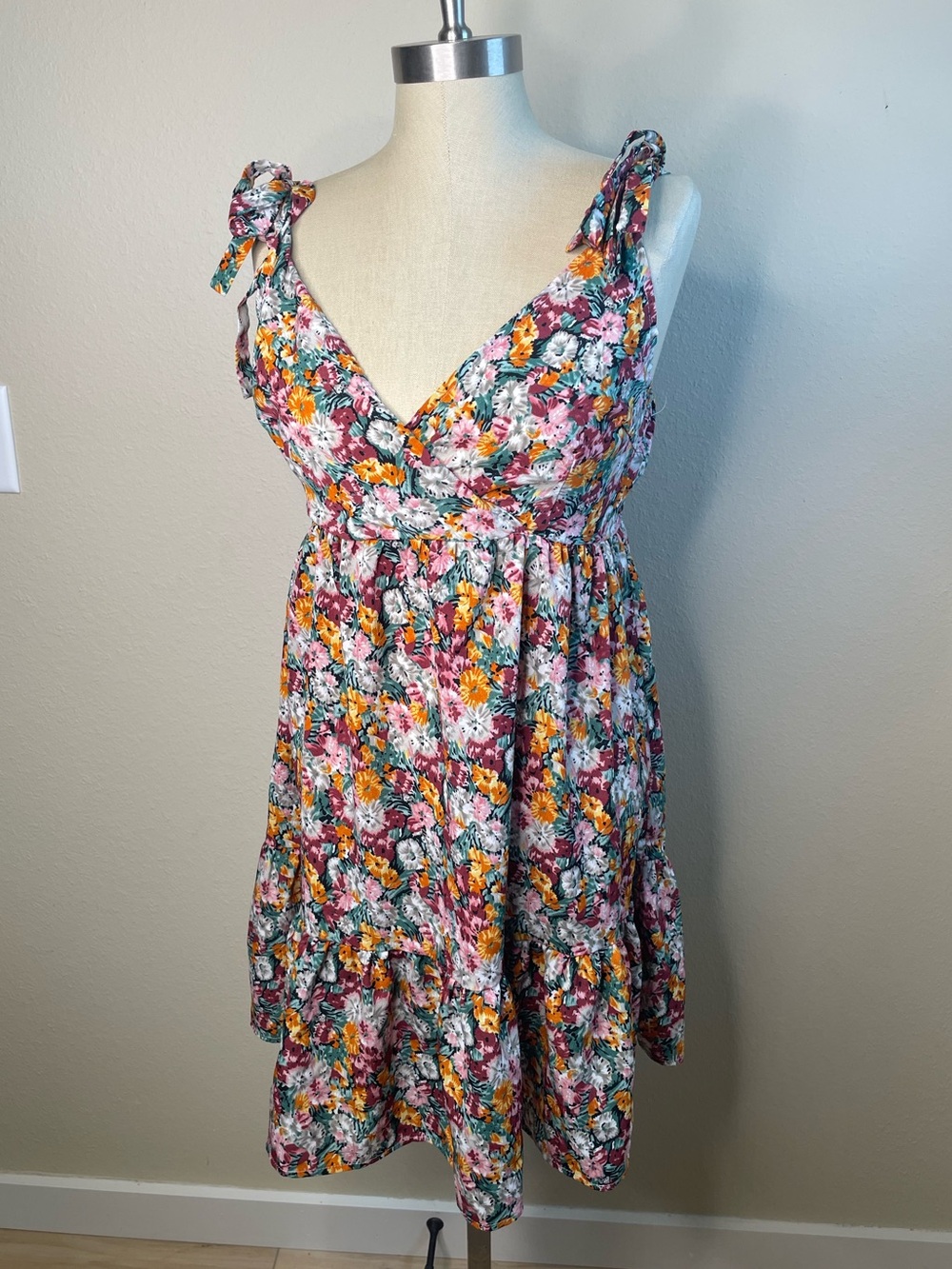 90s core bow babydoll dress ruffle bright floral